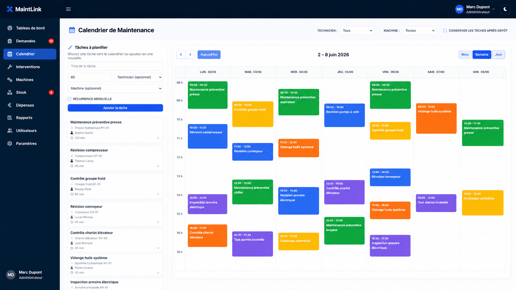 Planning de maintenance de la GMAO sur mesure