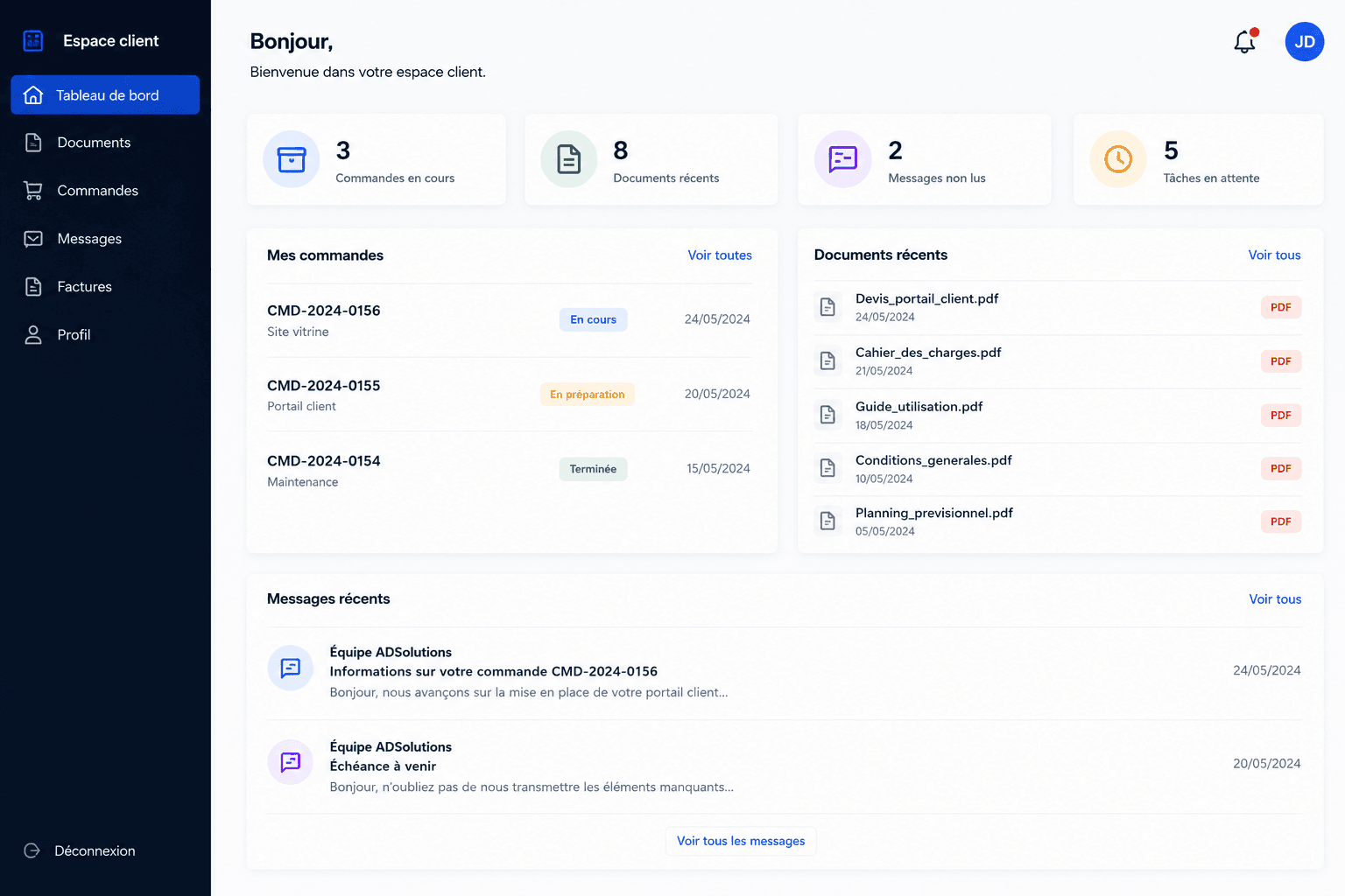 Portail client sur mesure développé par ADSolutions